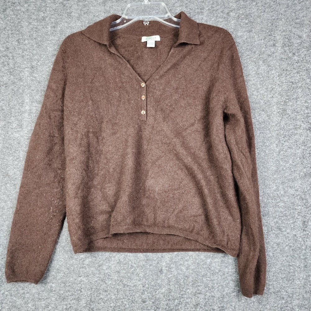 Geneva Cashmere Polo Sweater Womens XL Brown Collared‎ Henley Long Sleeve Knit